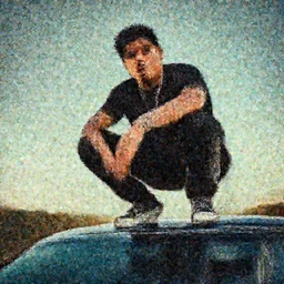 Smash Mouth singer squats on top of a car, Realistic, HDR, HDD, Dynamic Lighting