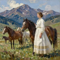 scenic western mountain landscape with wild horses and a woman in a long white traditional dress, Anna Ancher & Asher Brown Durand, oil on canvas, beautifully daylight, artstation