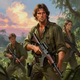 first blood, john rambo, jungle, vietnam, majoy dreamlike sky, cinematic lighting, highly detailed, digital painting, trending on artstation, pixiv, masterpiece, concept art, sharp focus, laura sava illustration, art by ross tran and wlop, ilya kuvshinov, jeremiah ketner