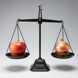 set of balance scales with weights, weighing one apple and one onion