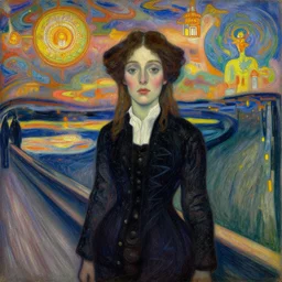 hyper realistic film still of a woman in a dream city, by goya, by hernst haeckel, by munch, by schiele, pastel flat colours, highly detailed, ornate, lights by hopper