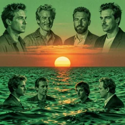 the sun rising just above the horizon over the sea by dan mumford and vladimir kush and donato giancola and ted withers and peter driben and greg rutkowski and roberto ferri, green water, synthwave, retrowave, highly detailed, high contrast, intricate details, blended palette