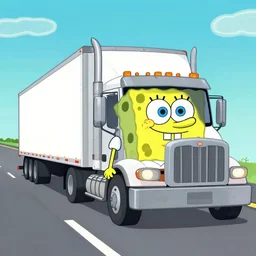SpongeBob SquarePants driving a semitruck down the highway