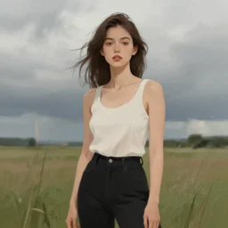 portrait of a woman drawn by artgerm, standing in a field by alena aenami, digital artwork by karol bak, cloudy sky digital art by rhads, jason chan