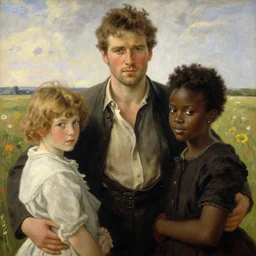 family, colin farrell and ruth negga and kids in open fields, art by anders zorn, detailed face, micro detail, wonderful masterpiece by greg rutkowski, beautiful cinematic light, american romanticism thomas lawrence, greg rutkowski