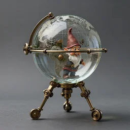a glass globe walking on mechanical legs, a gnome peeking out, steampunk