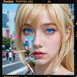 Kodak Portra 400,8K,highly detailed: beautiful three point perspective extreme closeup portrait photo in style of 2000s frontiers in cosplay retrofuturism tokyo seinen manga street photography H.G Giger fashion edition, tilt shift zaha hadid style tokyo background, highly detailed, focus on model;vaporwave ;blonde hair;blue eyes;pointé pose, clear eyes, soft lighting