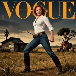 an angry scarlett johansson as a cowgirl, wide angle lens, full body dramatic profile pose, dramatic lighting, afro samurai anime style, holding a whip, old family ranch in the background, greg rutkowski and alphonse mucha, vogue cover, magazine cover