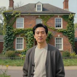 intricate painting of a clean shaven middle aged man with black hair wearing a cardigan in front of an old brick house covered in ivy, trending on artstation, fantasy art, wide angle, shallow depth of field