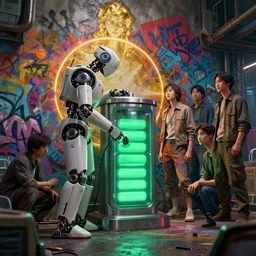 robot apprentice charging battery, composition accidental renaissance golden ratio, cinematic, by sachin teng and sergey kolesov and ruan jia and heng z and wlop. graffiti art, scifi, fantasy, hyper detailed. octane render. concept art. trending on artstation