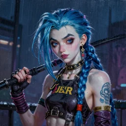a beautiful painting artwork portrait of jinx on a rainy night, cyberpunk, by ilya kuvshinov featured on artstation