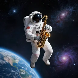craig mullins and ghibli digital illustration of an astronaut floating in the middle of the cosmos playing the saxophone!!! doing jazz!!! improvisation, full body!!!, strong contrast, earth, galaxies, ethereal, inviting, bright, unreal engine, hyper realism, realistic shading, cinematic composition, wide shot