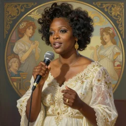 beautiful cottagecore audreh winfrey holding a microphone. intricate, elegant. highly detailed, digital painting, artstation, concept art, smooth, sharp, focus, illustration. . art by artgerm and greg rutkowski and alphonse mucha