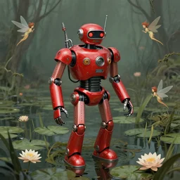 adventurer ( ( ( ( ( 1 9 5 0 s retro future robot cyborg bolthole. muted colors. swamp, fairies, water lilies ) ) ) ) ) by jean baptiste monge!!!!!!!!!!!!!!!!!!!!!!!!! chrome red