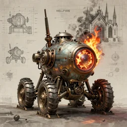 hellfire engine strokeed by the echo, mad max, in the style of hannes bok and doug chiang and vernon grant, trending on artstation, back lighting rear view steampunk, blueprint, muted colors, gothic, tachisme