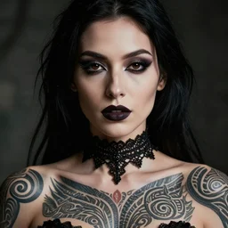 a portrait of a goth female with maori tattoos and a lace choker, dark eyes, dark hair, olive skin, depth of field, zeiss lens, detailed, centered, artstation, fashion photoshoot, by Annie Leibovitz and Steve McCurry, David Lazar, Jimmy Nelsson, Breathtaking, 8k resolution, extremely detailed, beautiful, establishing shot, artistic, hyperrealistic, beautiful face, octane render