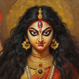 goddess kali, flowing hair, intense stare, angry smile, portrait, realistic oil painting,