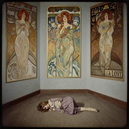 a lonely girl in an empty room, colored daguerreotype, by schiele, by mucha, by Mackintosh, by Moebius, eerie, weird