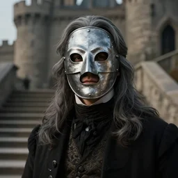 portrait painting of a man, wearing a silver iron mask, long grey hair, gentleman's dress, background is castle and steps unreal render cinematic lighting art 1 9 2 0 period drama by bussiere rutkowski andreas rocha