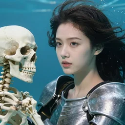 an underwater knight fighting a skeleton