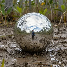 a large metallic ball with a mirror finish site in the florida everglades covered in mud, photorealistic