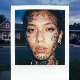 detailed color analog medium format photo made by harmony korine, polaroid closeup photo of person with body modifications and face tatoos in american suburbs, rim light, shot at night with studio lights, high production value, intricate details, 8 k resolution, hyperrealistic, hdr, photorealistic, high definition, tehnicolor, award - winning photography, masterpiece, amazing colors,
