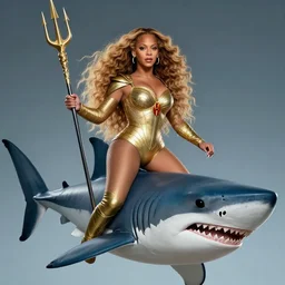 regal portrait of superhero Beyonce riding a great white shark with a trident, extremely high detail, photorealistic, cinematic lighting, artstation  inspired by Marvel movies
