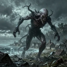 A Lovecraftian eldritch horror rampaging through a small seaside town by H.R. Giger, trending on artstation, highly detailed, high quality
