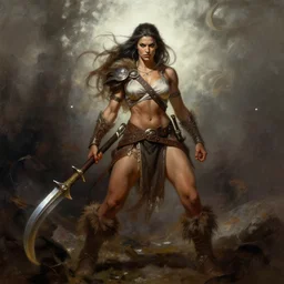full body portrait of a strong fierce female barbarian by Frank Frazetta, trending on artstation, cgsociety, wlop, cosmic, epic, stunning, gorgeous