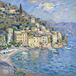 an impressionist art of portofino in italy in style of claude monet