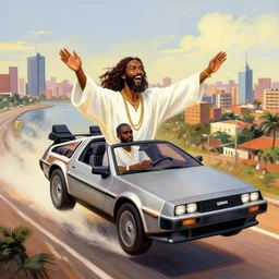 african jesus jesus driving a flying delorean over lagos city in nigeria, art style by ernie barnes & drew struzan,