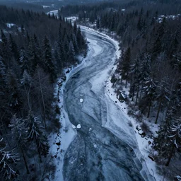 high altitude aerial view of a long sinuous frozen river going through a winter forest at night, parallel realities, 3 d photorealistic octane render, 8 k, sharp focus, dramatic lighting, ambient lighting, renaissance painting, by michael kutsche, by artgerm and tim burton
