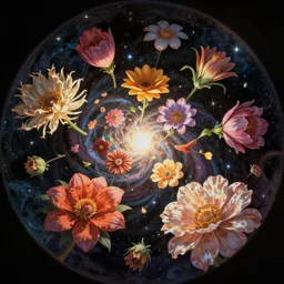 An epic fantastic realism comic book style painting of the most beautiful expanding flowers launched across the dark and starry universe, floating bouquets, fisheye lens, unreal 5, DAZ, hyperrealistic, octane render, dynamic lighting