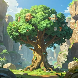 magical deku tree from the legend of zelda ocarina of time, concept art, wide angle view, full tree in frame, surrounded by rock walls, facial features on the tree look like an older man