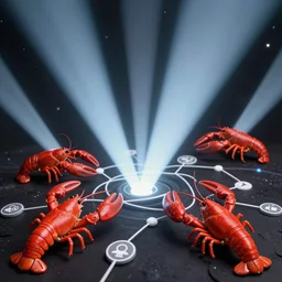 beams penetrating space, crayfish surrounded, entwined, pierced by internet hyperlinks and icons | | cyberpunk, artgerm, octane render, raytracing, 8 k, hd, vibrant, escher, tsutomu nihei, violet