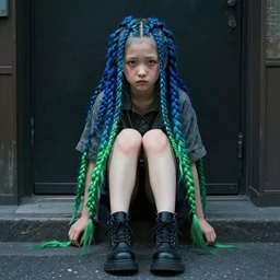 concept art, ugly girl sitting on street, braids blue and green, singular, junichi higashi, isamu imakake, intricate, balance, ultra detailed, full far frontal portrait, volumetric lighting, cinematic lighting, masterpiece
