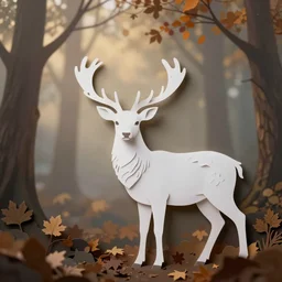 a beautiful illustration of a white deer with antler, in a forest, autumn, volumetric light, depth of field, fantasy, morning light, mist, dreamy atmosphere, cinematic shot, high definition, detailed, papercut style