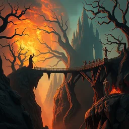 beguiling epic stunning beautiful insanely detailed matte painting of a bridge through hell dream worlds designed by heironymous bosch, by cyril rolando and asher durand and natalie shau, whimsical, intricate