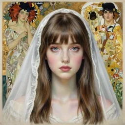 masterpiece head and shoulders portrait of a female yvette young, young woman with beautiful long hair and bangs and wearing a thin veil of white silk, fantasy, intricate, elegant, highly detailed drawn by donato giancola and fernanda suarez and artem demura, face by artgerm and edmund leighton, alphonse mucha, background by james jean and gustav klimt, 4 k, porcelain skin, komorebi, french nouveau, trending on pixiv, octane render, hyperrealistic