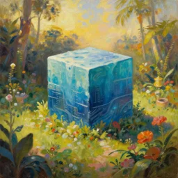 8 0 sci fi oil painting, ocean cube in the middle of a garden, golden hour, in style of classicism mixed with sci - fi books art