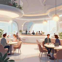 illustration of the interior of a futuristic cafe, roger broders, hein schulz neudamm, ( ( giuseppe riccobaldi ) ), volumetric, dynamic pose, detailed, matte print, muted color, dramatic lighting, ( ( risograph ) ), halftone texture