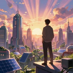 man standing on ledge facing a solar punk city skyline