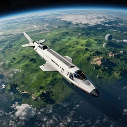 “ slender spaceship hovering over a lush green and blue planet, clouds on surface, moons in background, very detailed, sharp focus, overhead shot, digital art, concept art, cgsociety ”