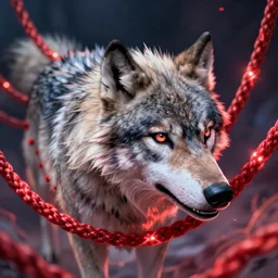 Closeup of a dreamlike wolf trapped in with glowing red rope, dreamlike digital painting, Android Netrunner