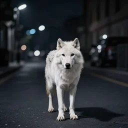 lomo photo of a white wolf in empty dark street, cinestill, bokeh, out of focus, night, dramatic lighting, streetlight