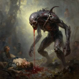 mechanical dark foul thin creature sucking blood out of poeple realistic atmosferic made by ivan aivazovsky, peter mohrbacher, greg rutkowski volumetric light effect broad light oil painting painting fantasy art style sci - fi art style realism premium prints available artwork unreal engine
