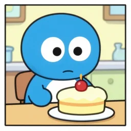 short cartoon strip, blue cute robot bakes a cake, by bill watterson