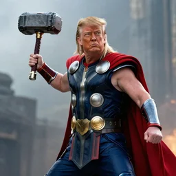 donald trump as thor, wielding hammer, ready for battle, movie still