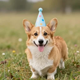 A photo of corgi in a field, wearing a party hat.