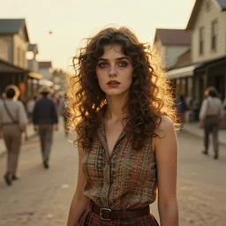 a beautiful but creepy young woman with wild curly hair is standing on a busy street in a country town in the 1 9 7 0 s, seventies, golden hour, painterly, offset printing technique, by alexandre cabanel
